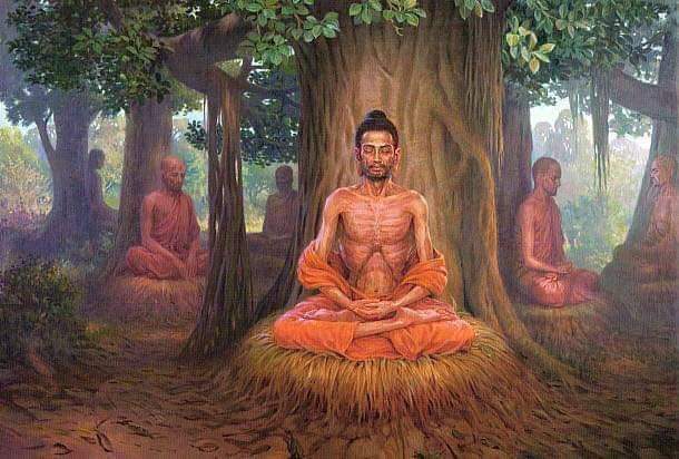 Siddhartha Gautama undertaking ascetic practices with 5 other companions to find enlightenment