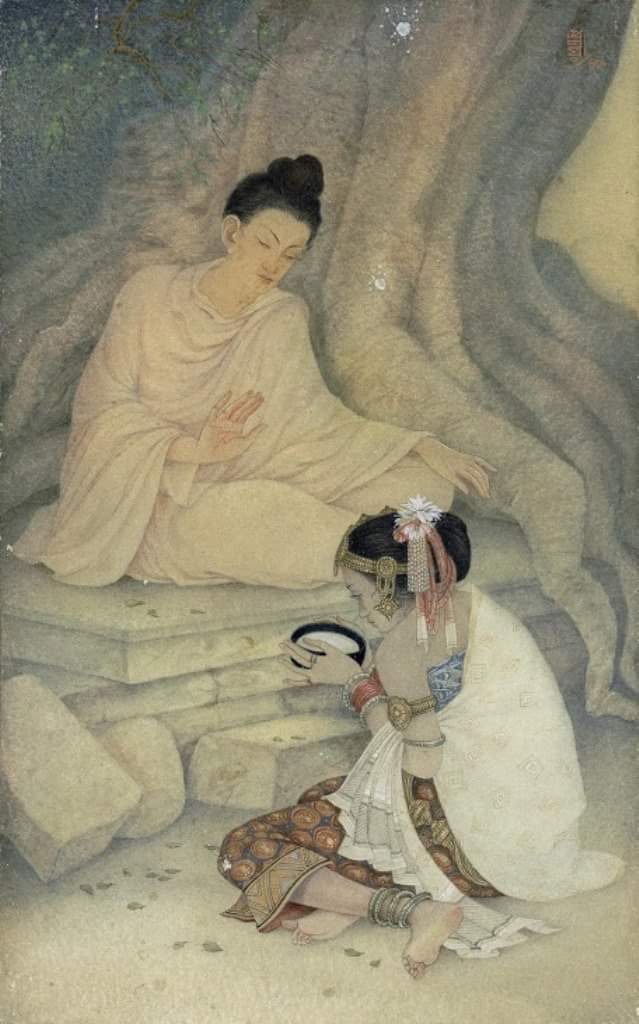 Painting of Sujātā offering milk rice